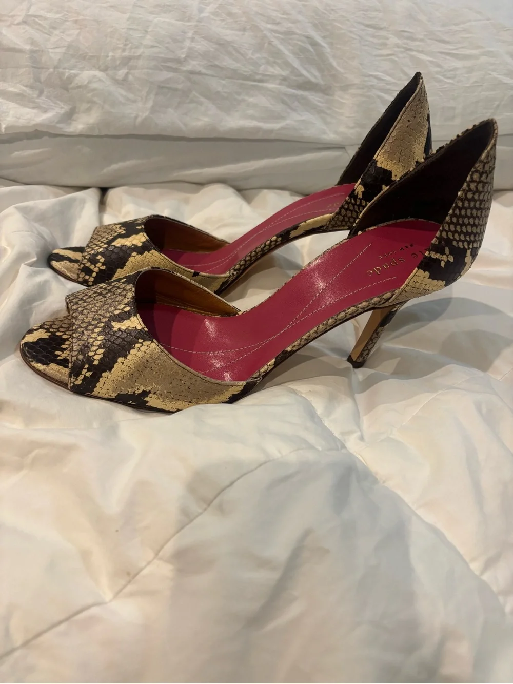 kate spade Snake-Print Peep Toe Heels with Pink Insole